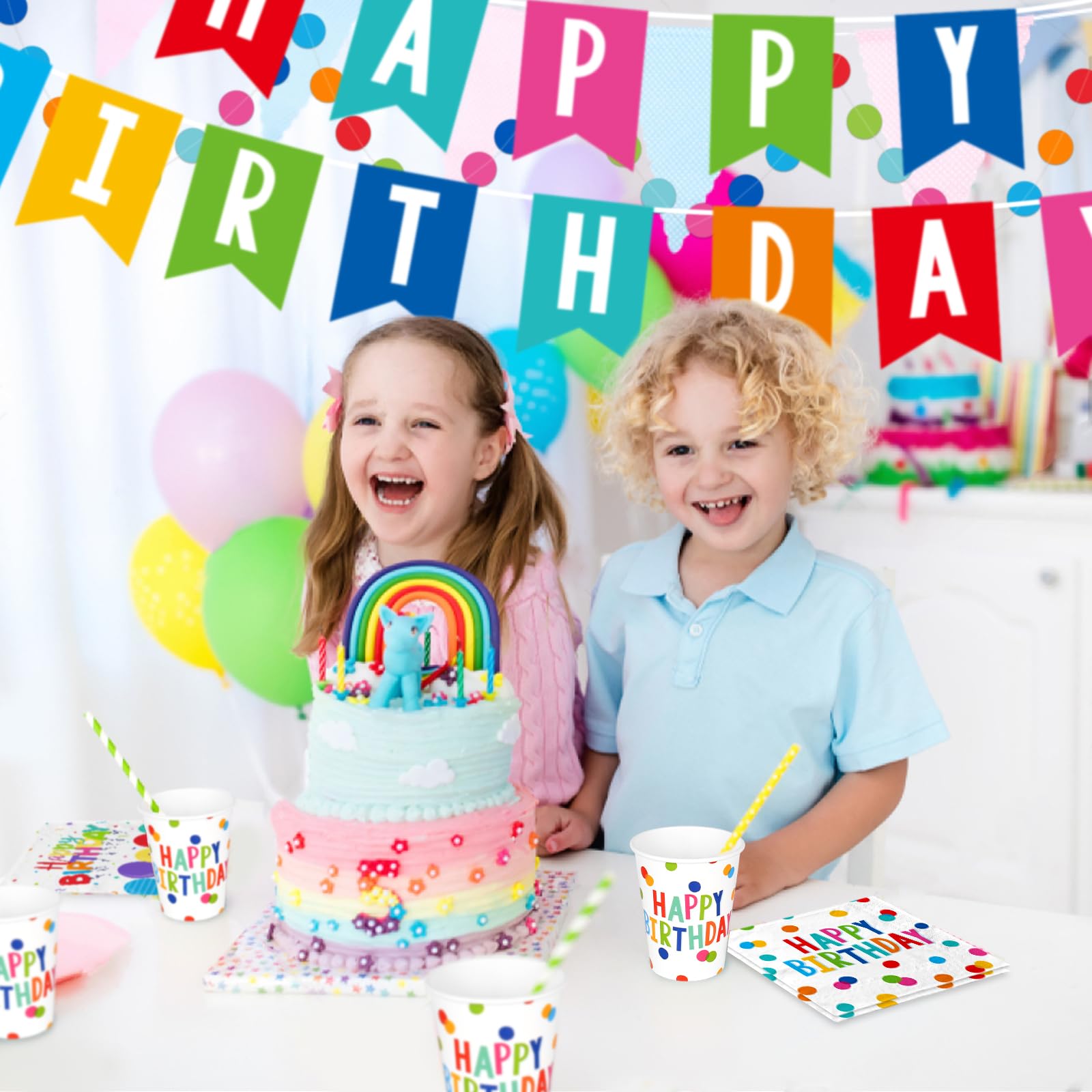 Happy Birthday Decorations: Kids' Birthday Party Supplies with Dots Design - Includes Happy Birthday Plates and Napkins, Disposable Paper Cups, Serves 16