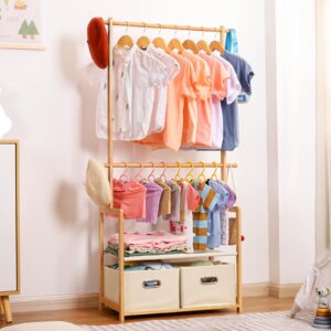 Vilaxing Kids Clothing Rack Bamboo with 2 Storage Baskets and 2 Adjustable Hanging Rods,Child Garment Rack,Dress up Rack for Playroom,Toddlers Bedroom (Natural)