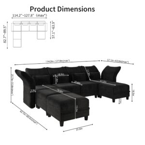 LLappuil Black Sectional Couch U Shaped 7 Seats, Chenille Sectionals Sofa Large Modular Sectional Sofa for Living Room with Reversible Chaise, Storage Seat, Deep Cushion