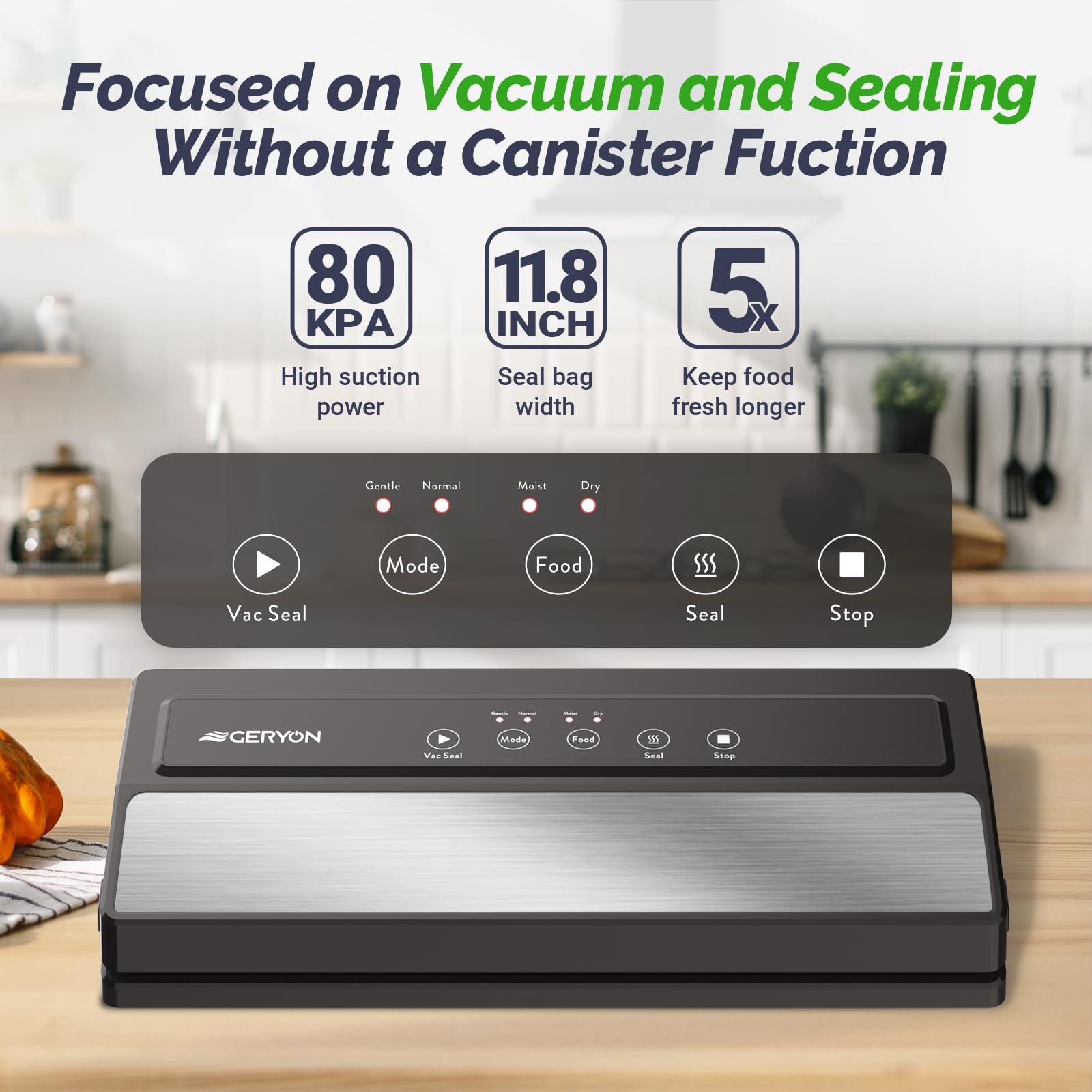 GERYON Vacuum Sealer, Automatic Food Vacuum Sealer Machine, Dry & Moist Food Modes | LED Indicator Lights | Easy-to-Clean | Compact Starter Kit | Ideal for Food Saver Sous Vide, Not for Jars/Cans