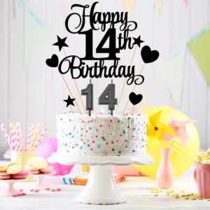 14th Birthday Cake Decorations Set Include 14th Birthday Candles Numeral 14 Cake Candles and Happy 14th Birthday Cake Toppers with Heart Star Cupcake Picks for Birthday Party (Black Series)