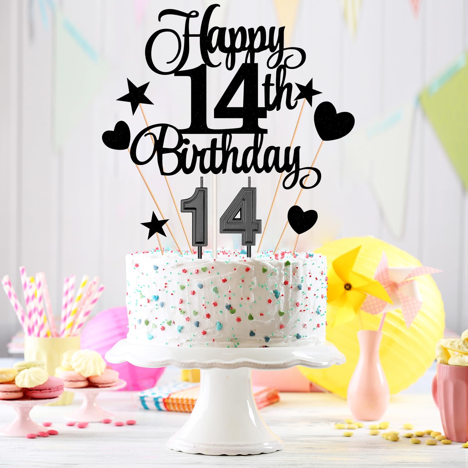 14th Birthday Cake Decorations Set Include 14th Birthday Candles Numeral 14 Cake Candles and Happy 14th Birthday Cake Toppers with Heart Star Cupcake Picks for Birthday Party (Black Series)