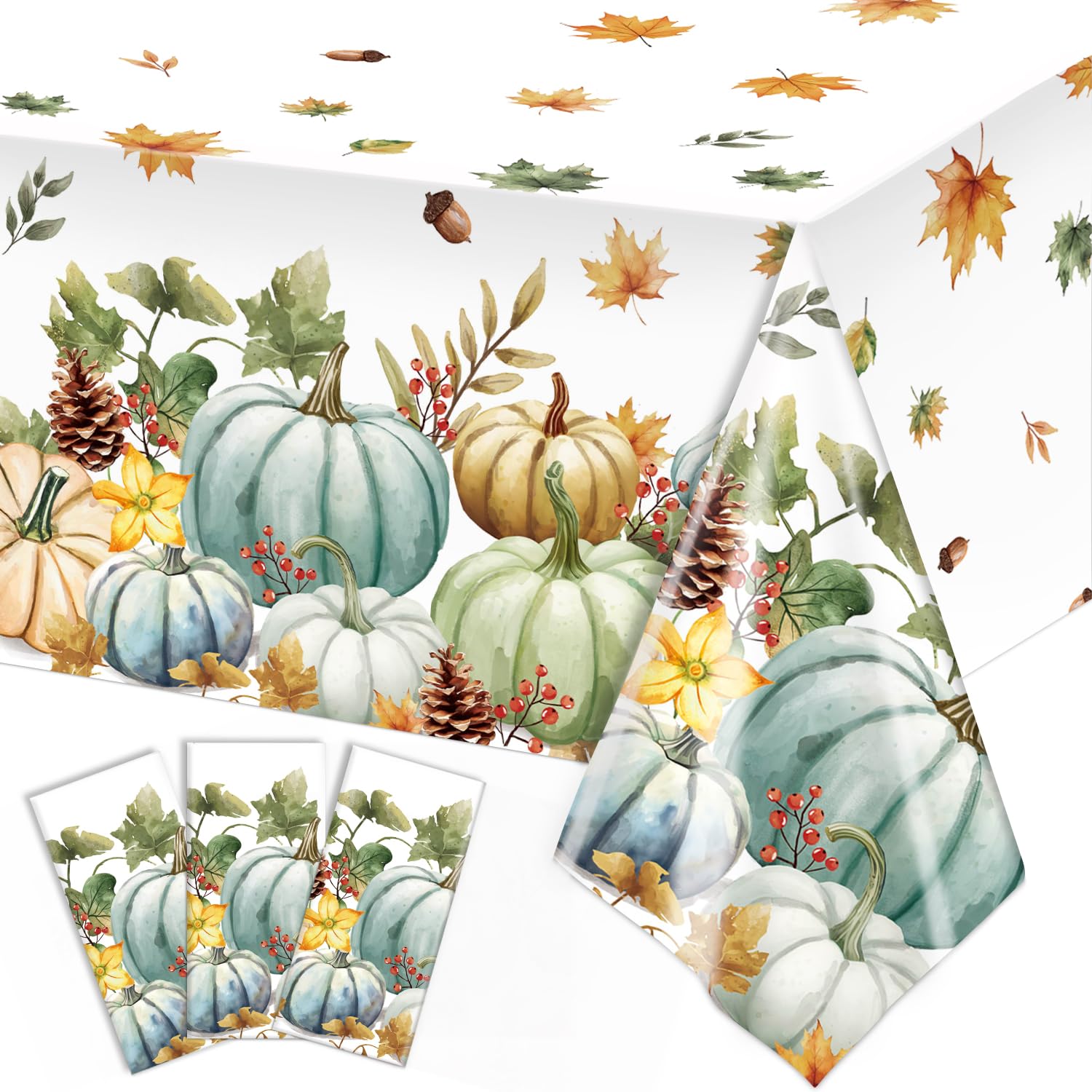 Oigco 3 Pcs Fall Tablecloth Watercolor Pumpkin Thanksgiving Tablecloth Fall Harvest Leaves Table Cover Set for Autumn Thanksgiving Party Supplies, 54 x 108 Inch