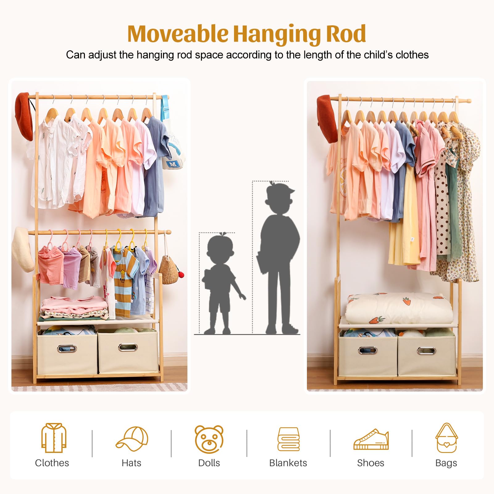 Vilaxing Kids Clothing Rack Bamboo with 2 Storage Baskets and 2 Adjustable Hanging Rods,Child Garment Rack,Dress up Rack for Playroom,Toddlers Bedroom (Natural)