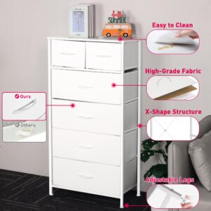 Mifuro Tall Dresser for Bedroom, Vertical Storage Organizer Tower with 6 Drawers, Chest of Drawers with Fabric Bins, Steel Frame, Wood Top for Bedroom, Closet, Entryway- White