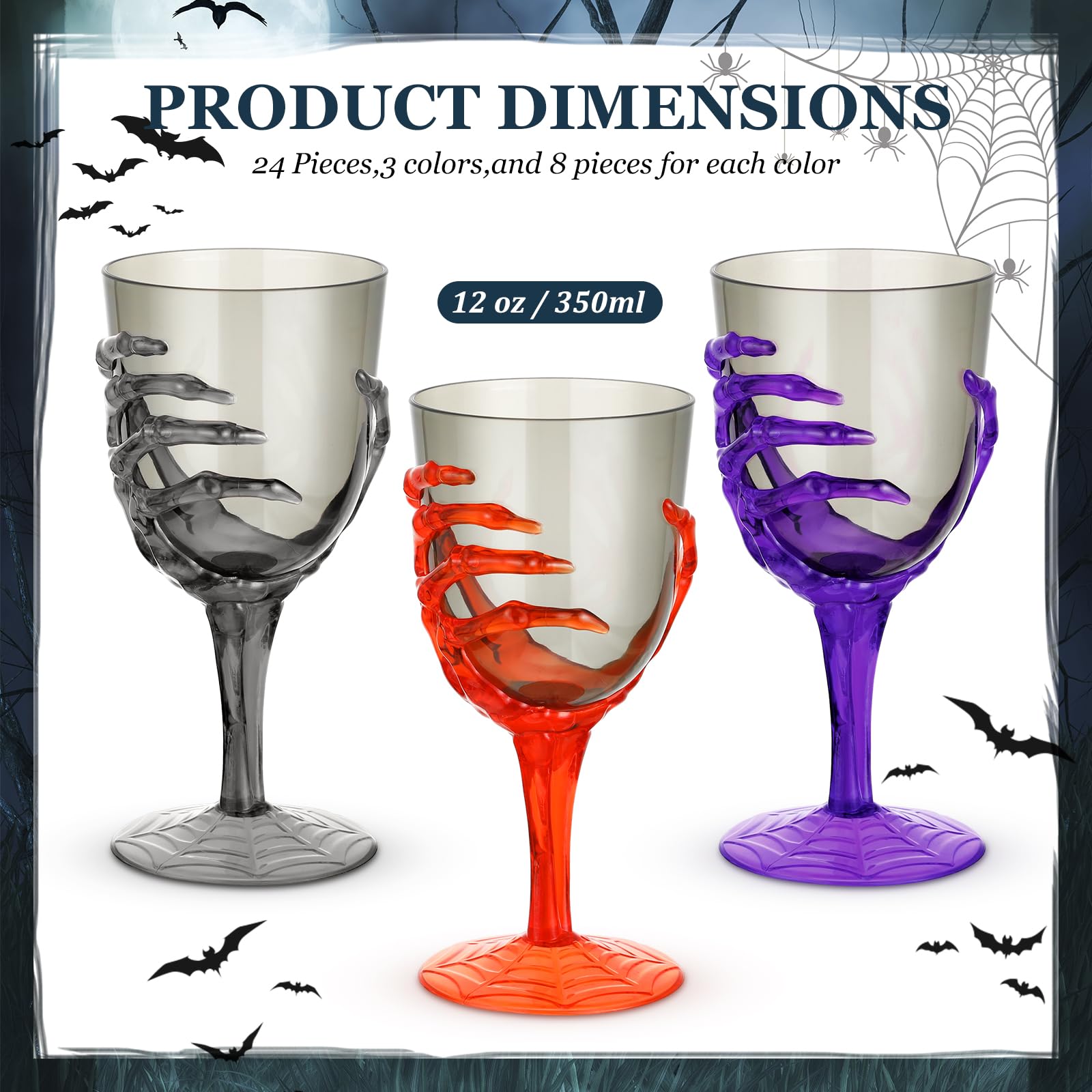 Dandat 24 Pcs Halloween Skeleton Hand Goblets 12oz Plastic Halloween Cups Skull Wine Glass Set Clear Skeleton Wine Glass for Creepy Spooky Halloween Party Decorations(Black, Purple, Orange, Gray)