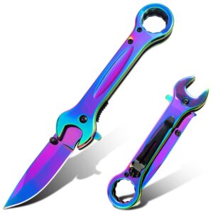 madsmaug pocket knife, unique utility pocket folding knife with 14mm and 19mm wrenchs, titanium plated great gift edc knife for daily work outdoor camping (rainbow)