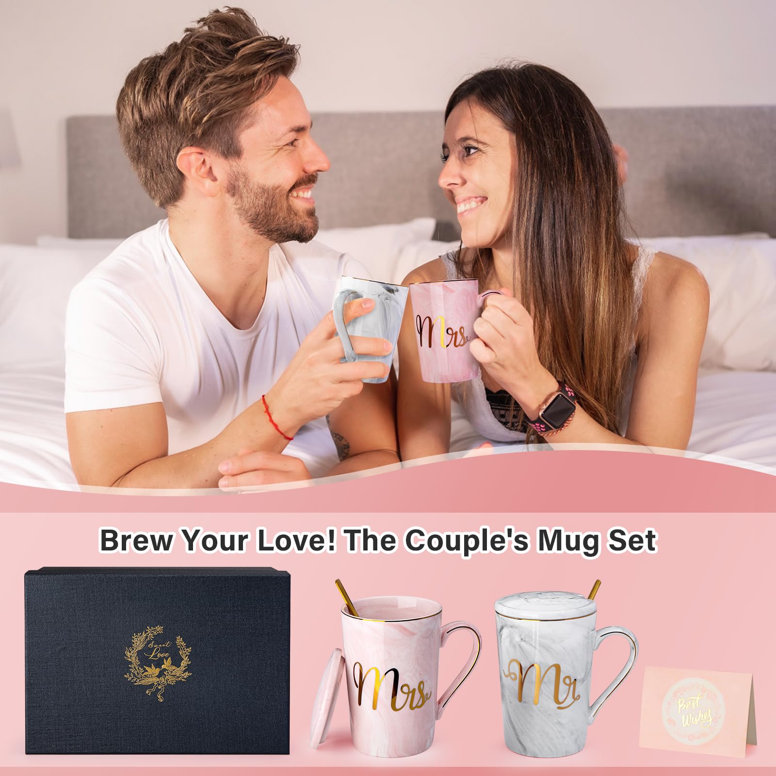 Biching Wedding Gift for Couples, Engagement Gifts for Couples, Couple Gift for Anniversary, Bridal Shower Gifts, Mr and Mrs Gifts for Parents - 14 Oz Ceramic Marble Coffee Mugs Gift Set