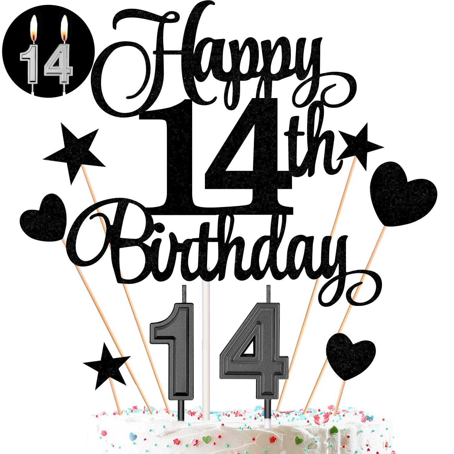 14th Birthday Cake Decorations Set Include 14th Birthday Candles Numeral 14 Cake Candles and Happy 14th Birthday Cake Toppers with Heart Star Cupcake Picks for Birthday Party (Black Series)