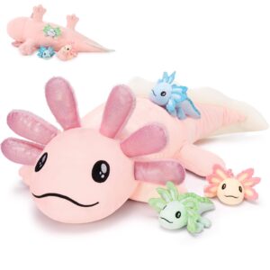 maogolan 4 pcs axolotl plush stuffed animal with babies for girls,32 inches large pink axolotl plush pillow toy with 3 baby axolotls inside,long stuffed axolotl pillow bulk for axolotl lover,boys