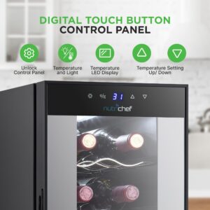 NutriChef Single-Zone Wine Cooler & Chiller – Digital Touch Control, Airtight Seal, 14-Bottle Capacity, Black