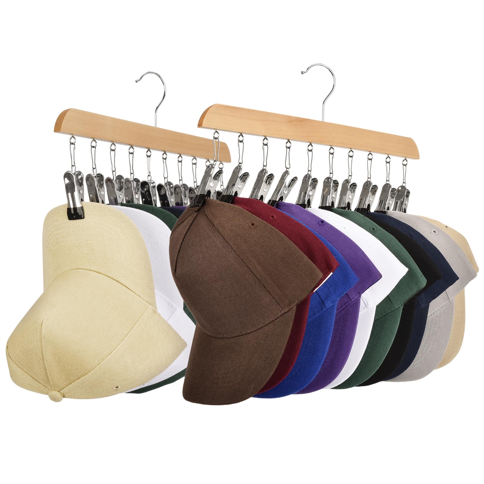 Hat Racks for Baseball Caps Sangle Sopffy 2PCS Wooden Hat Hanger with 10 Rubber-Coated Stainless Steel Clip,Hat Organizer for Hat Storage Organizer,Fit for All Caps,Clothing Accessories,Log Colour.