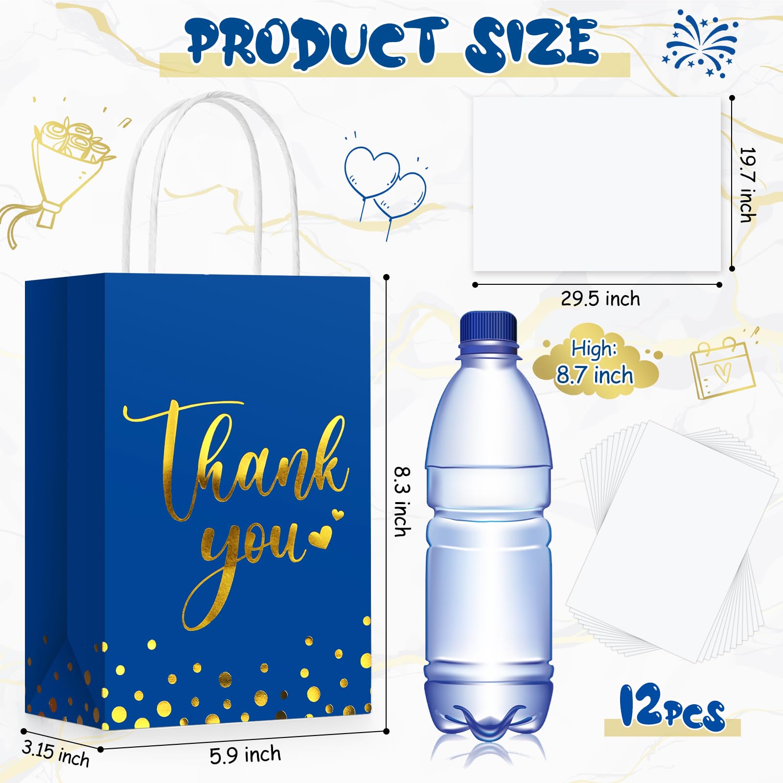 Tinlade 12 Pcs Thank You Gift Bags with Tissue Paper Gold Polka Dots Thank You Gift Bags with Handle for Wedding Birthday Baby Shower Business Shopping Party Supplies and Gifts (Royal Blue)