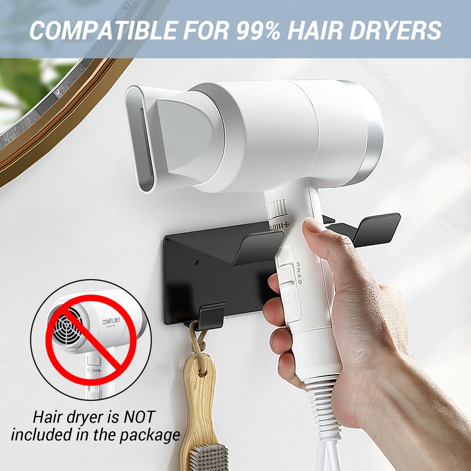 Hair Dryer Holder Wall Mount, Hair Dryer Holder Wall Mount, Upgraded Stainless Steel Hair Dryer Holder, Hair Dryer Holder Maximum Diameter 2.3 Inch (Stainless Steel, Black)