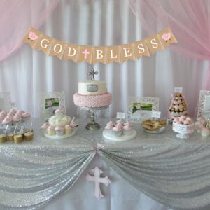 Flower God Bless Banner Baptism Burlap Garlands Girl Pink Cross Floral First Communion Christening Decoration