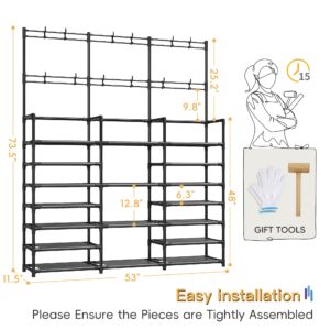 Raybee 7-Tier 73.5'' H Metal Hall Tree with 12 Hooks, Coat and Shoe Rack for Entryway, Freestanding Coat Rack with Shelf for Small Spaces, Sturdy and Durable, Easy to Assemble