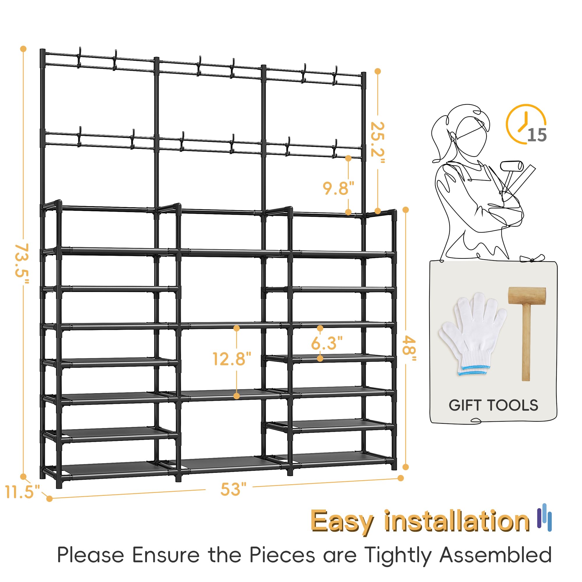 Raybee 7-Tier 73.5'' H Metal Hall Tree with 12 Hooks, Coat and Shoe Rack for Entryway, Freestanding Coat Rack with Shelf for Small Spaces, Sturdy and Durable, Easy to Assemble