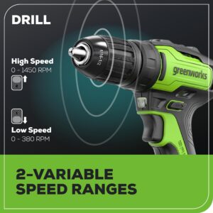 Greenworks 24V Brushless Cordless Drill and Impact Driver,Power Tool Combo Kit Included 1/2”Drill & 1/4”Hex Impact Driver and (2) Batteries, Fast Charger, 2 pcs Drill Bit Set & Bag