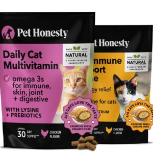 PetHonesty Cat Multivitamins + Cat Immune Support Lysine Dual Texture Chew Supplement Bundle - Supports Overall Immune Health, Joints, Skin & Coat, and Cat Allergy Relief - Sneezing, Runny Nose