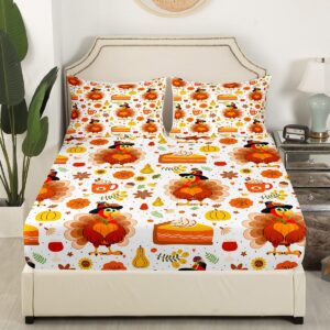 Fall Turkey Fitted Sheet for Girls Boys Kids Twin Size Happy Thanksgiving Autumn Harvest Bedding Set Room Decorative Maple Leaves Cake Bed Sheet Set Farmhouse Bed Cover Deep Pocket Bed Set