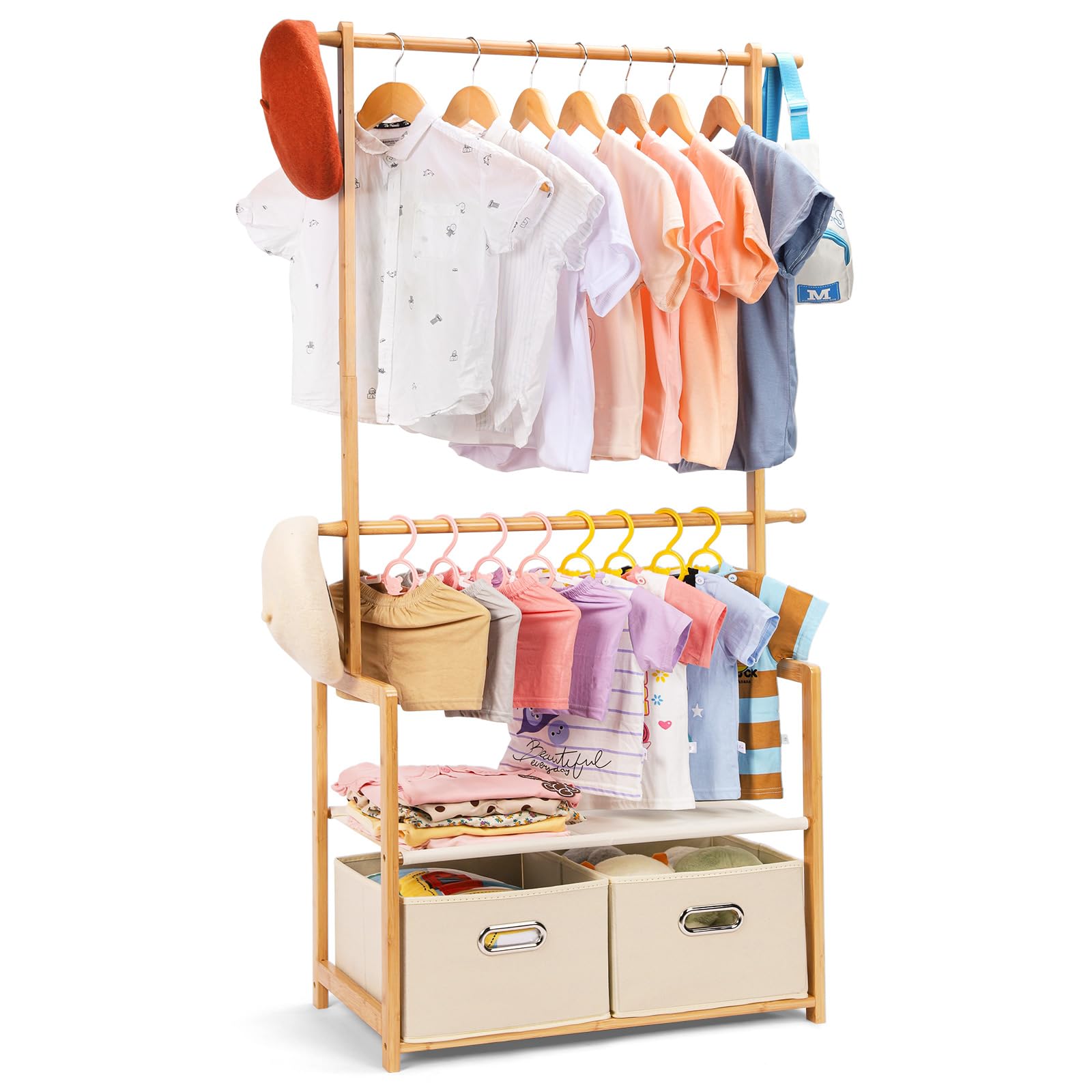 Vilaxing Kids Clothing Rack Bamboo with 2 Storage Baskets and 2 Adjustable Hanging Rods,Child Garment Rack,Dress up Rack for Playroom,Toddlers Bedroom (Natural)