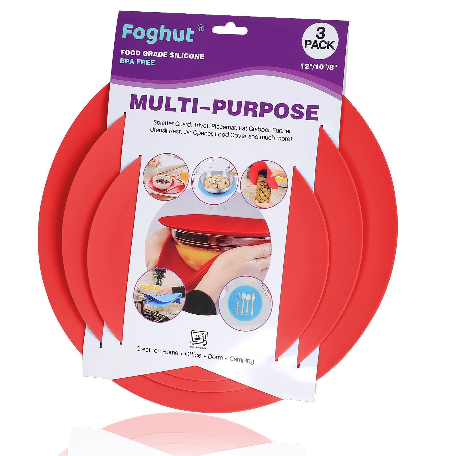 Foghut Multi-use Microwave Mat, 3 Pack Trivets, Hot Pad, Pot Holders, Place Mat, Utensils Rest, Silicone Cover Pad for Kitchen Counter (Non-Slip, Heat Resistant, Dishwasher Safe)