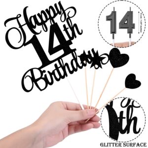 14th Birthday Cake Decorations Set Include 14th Birthday Candles Numeral 14 Cake Candles and Happy 14th Birthday Cake Toppers with Heart Star Cupcake Picks for Birthday Party (Black Series)