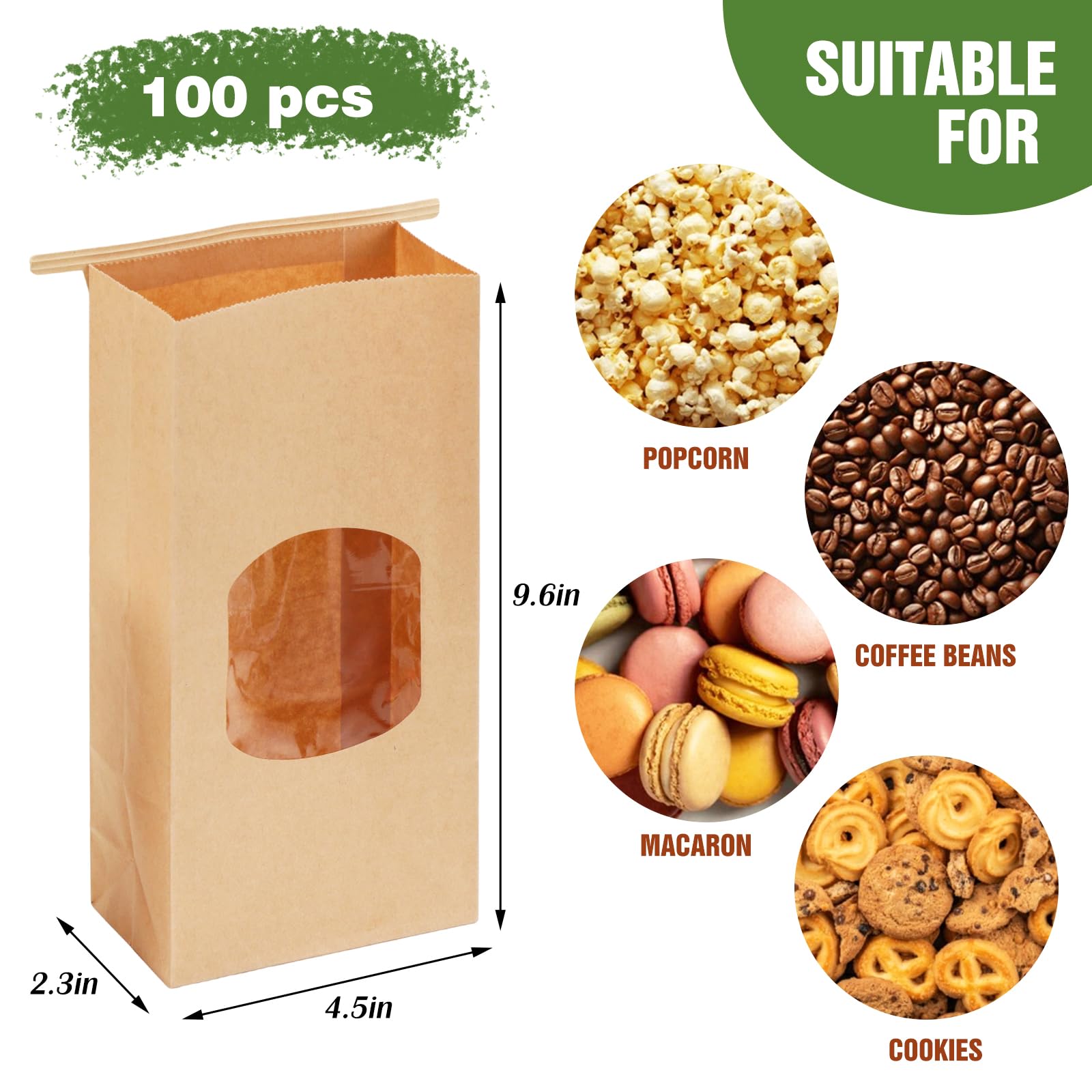 Moretoes 100pcs Bakery Bags with Window, 4.5x2.36x9.6in Kraft Paper Bags, Tin Tie Tab Bags Brown Window Bags Cookie Bags, Coffee Bags