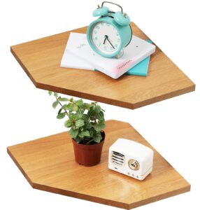 corner wall shelf, corner floating shelves set of 2 solid oak wood corner shelves wall mount display shelf with wire hole small plant display for kitchen living room bedroom