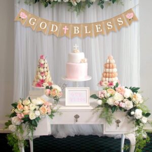 Flower God Bless Banner Baptism Burlap Garlands Girl Pink Cross Floral First Communion Christening Decoration