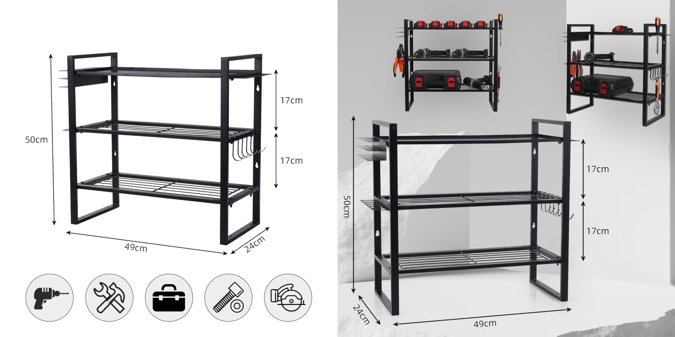 Volin Crik Power Tool Organizer,5 Drill Holder Wall Mount, 4 Layer Heavy Duty Metal Tool Shelf, Garage Tool Organizers and Tool Storage Rack，with Screwdriver Holder/Plier Holder/Hammer Holder