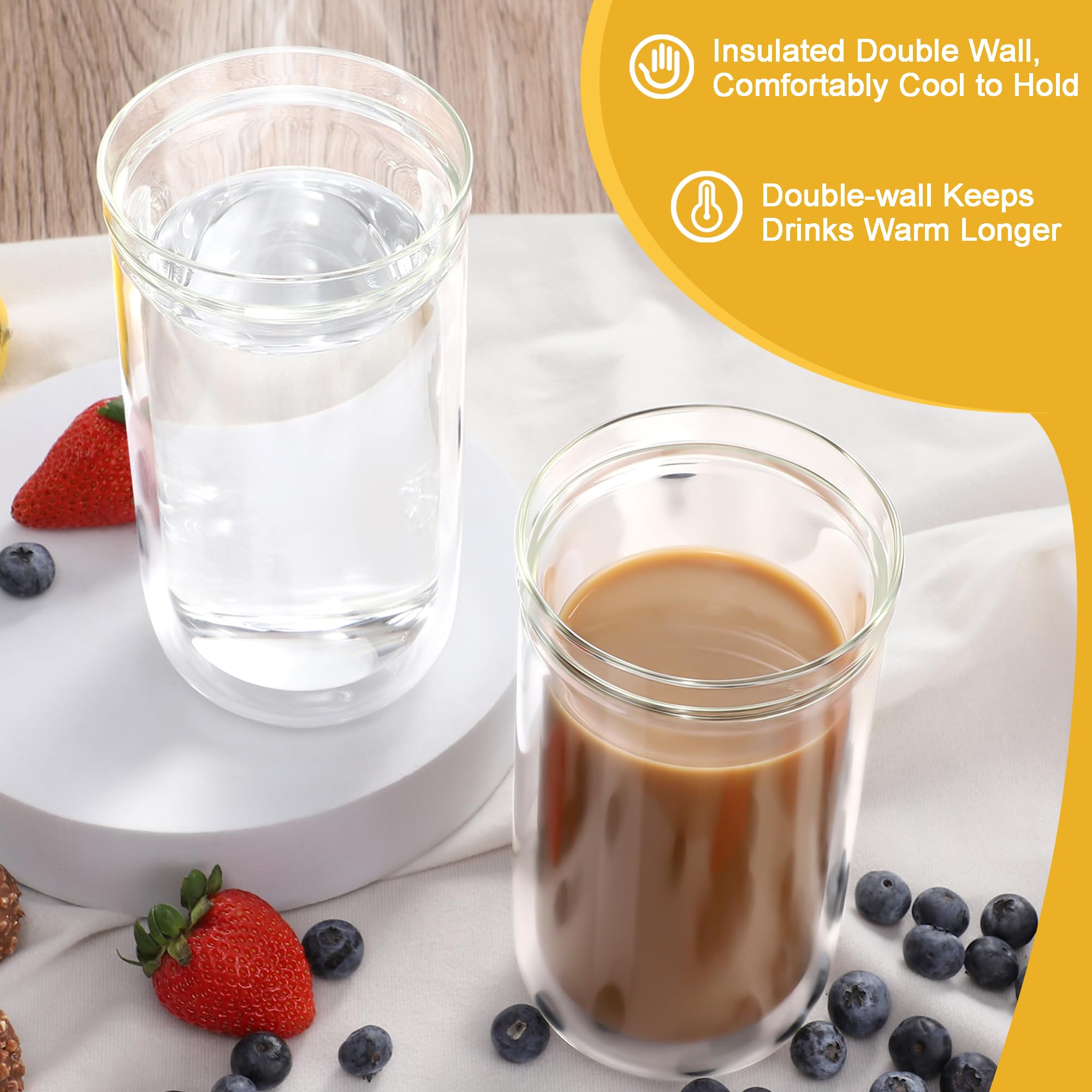 Aquach Double Wall Glass Cup 16oz 2pcs, Clear Insulated Coffee Drinking Glasses, Single Wall Mouth/Double Wall Body