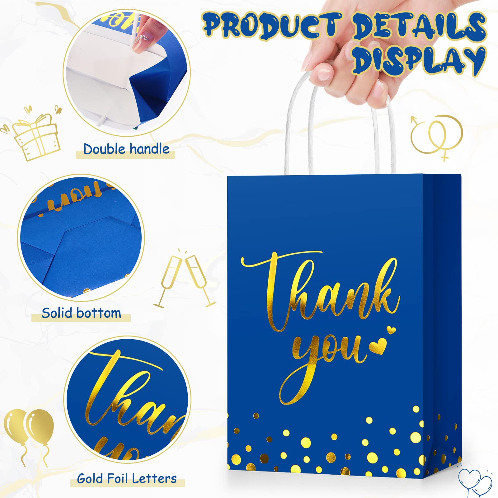 Tinlade 12 Pcs Thank You Gift Bags with Tissue Paper Gold Polka Dots Thank You Gift Bags with Handle for Wedding Birthday Baby Shower Business Shopping Party Supplies and Gifts (Royal Blue)