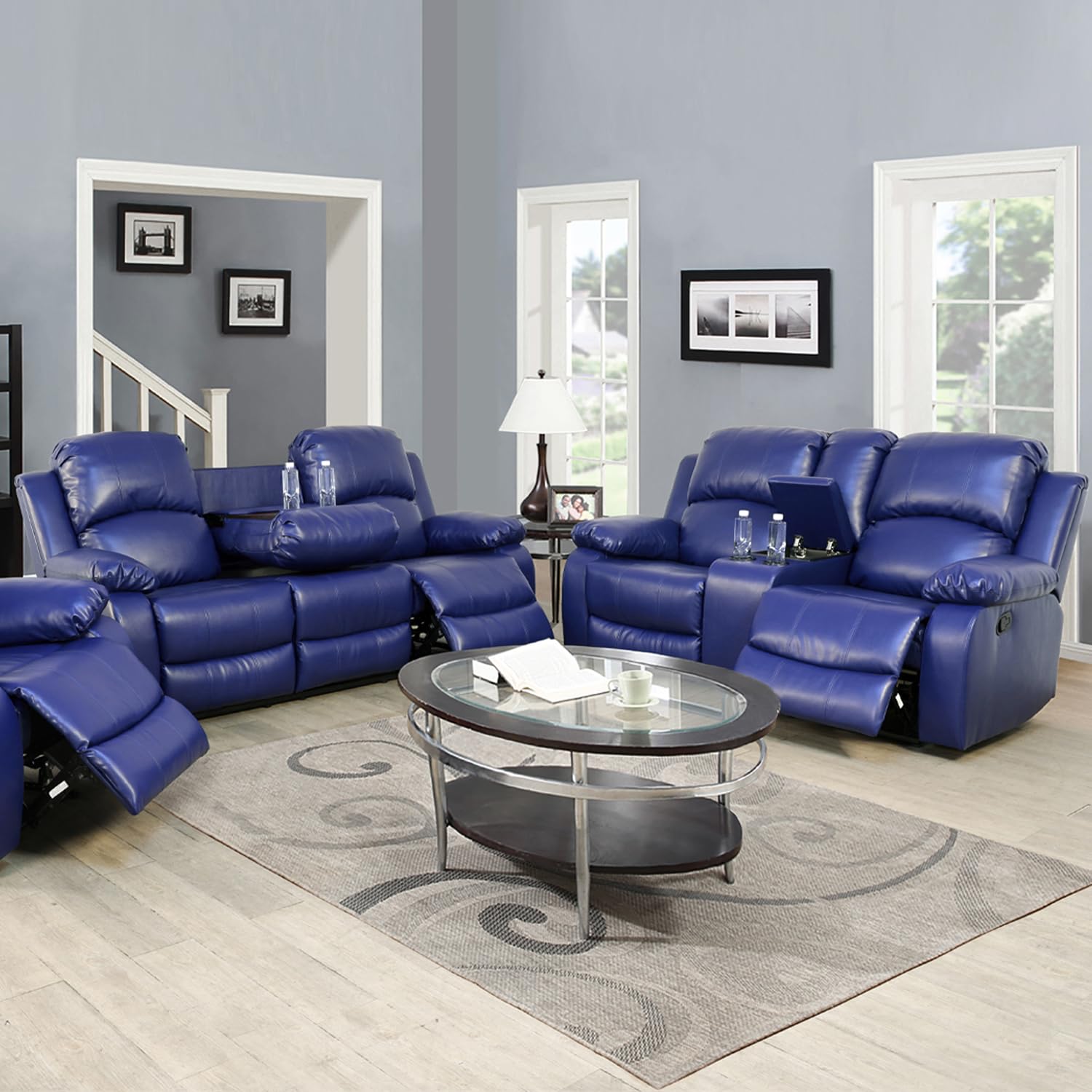 Caberryne 2 Pieces Leather Recliner Sofa Set，Recliner Sofa and Loveseat Sets for Living Room Furniture Sets，Dark Blue Recliner Couch Set for Living Room/Office/Theater Seating(Sofa Set 2 Pieces)