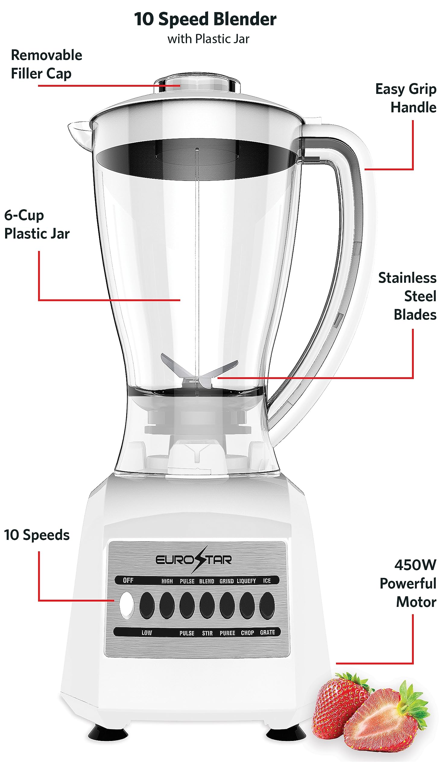 EUROSTAR EBL820WH 450W 10-Speed Plastic Jar Blender, White