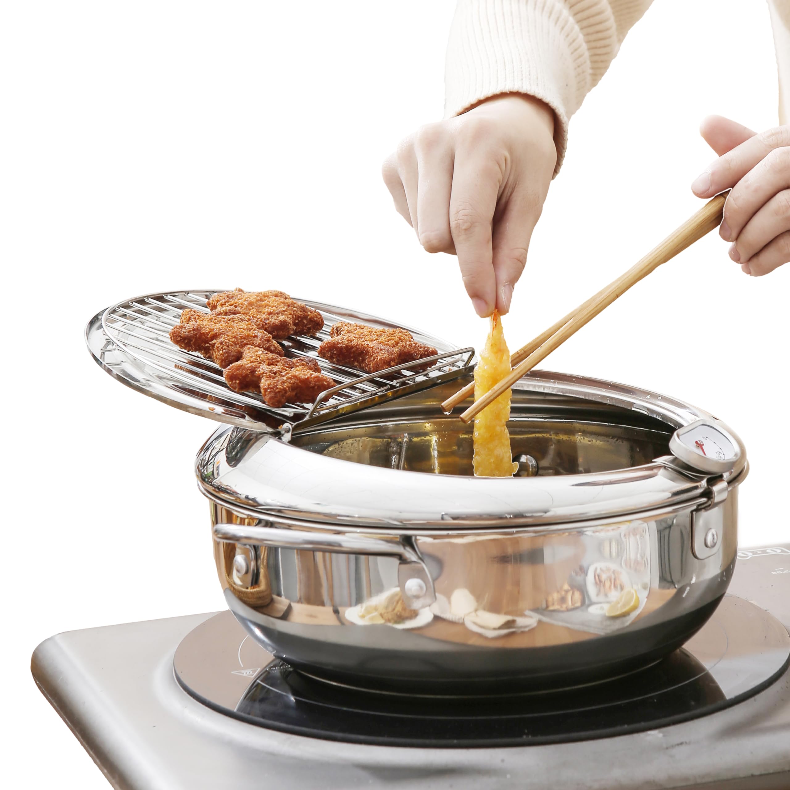 Saltlas Deep Fryer Pot (°C), 11"/4.4Qt (4.2 L) Extra Large Tempura Frying Pot with Lid, 304 Stainless Steel Fry Pot with Temperature Control and Oil Drip Drain Rack