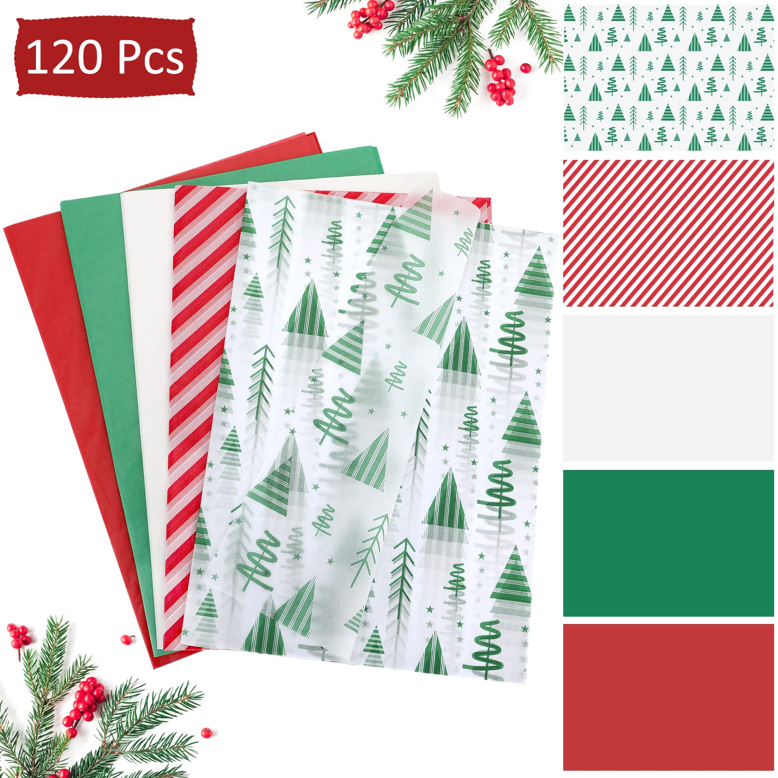 120 Sheets Christmas Tissue Paper for Gift Bags, Red Green and White Tissue Paper Bulk Assorted Design Gift Wrapping Paper, Xmas Tissue Paper for Crafts Holiday Decor