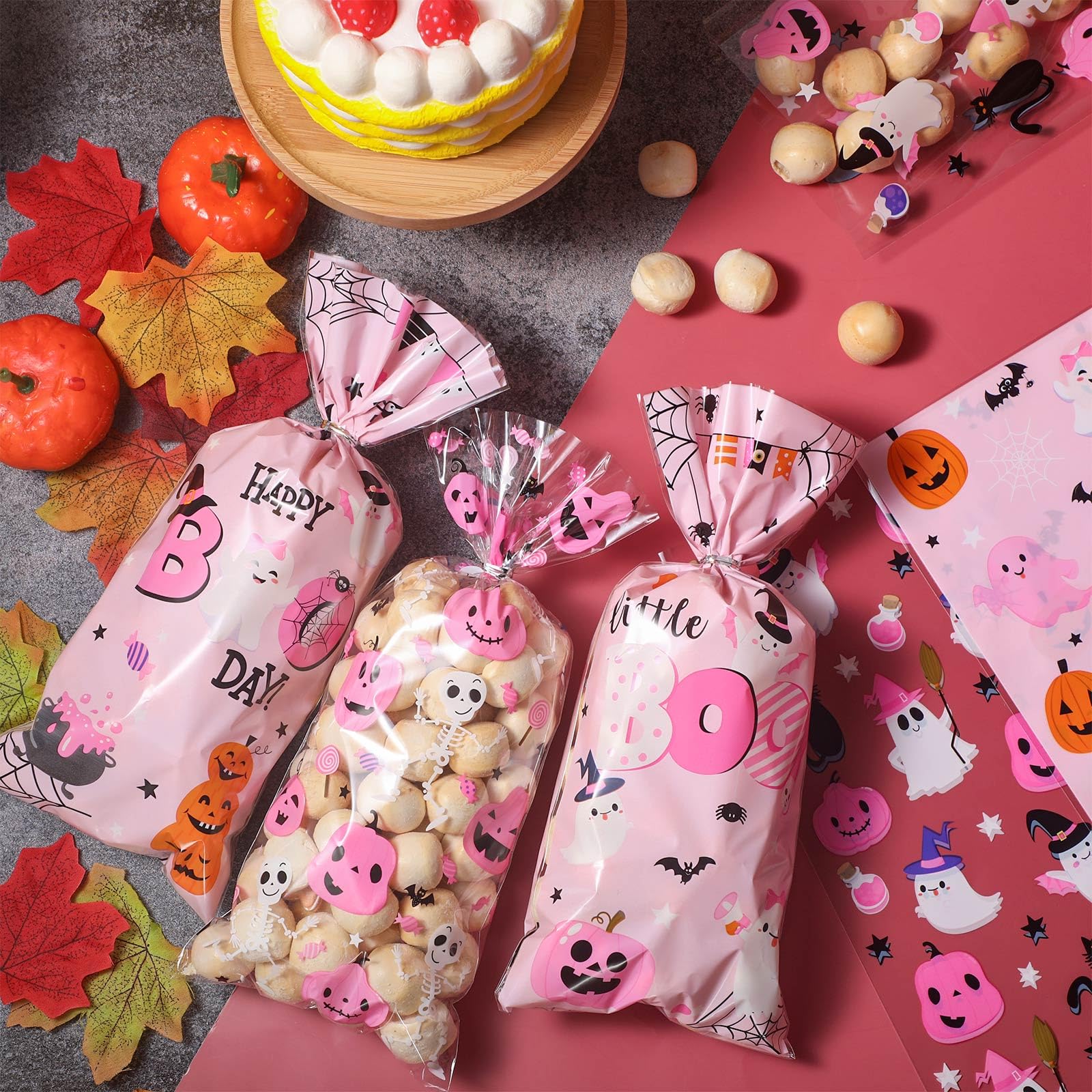 Yeaqee 100 Pcs Halloween Little Boo Baby Shower Favor Bags Pink Halloween Candy Treat Bags Bulk Little Boo Goody Gift Bags for Halloween Theme Kids Birthday Baby Shower Party Favors Supplies