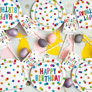 Happy Birthday Decorations: Kids' Birthday Party Supplies with Dots Design - Includes Happy Birthday Plates and Napkins, Disposable Paper Cups, Serves 16