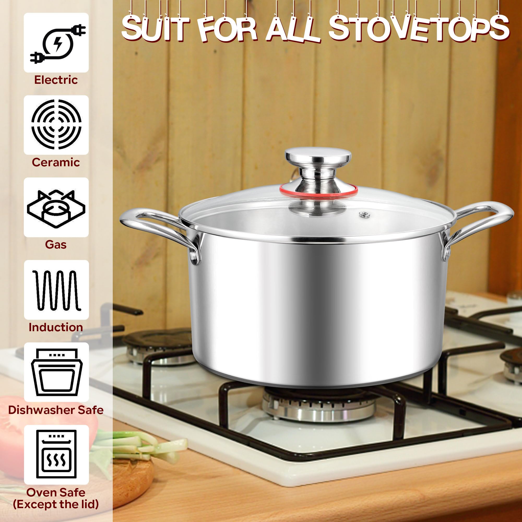 E-far 8 Quart Stock Pot with Lid, 18/10 Tri-ply Stainless Steel Stockpot for Induction Ceramic Gas Stoves, Heavy Duty Cooking Pot for Pasta Soup Stewing Simmering, Oven and Dishwasher Safe