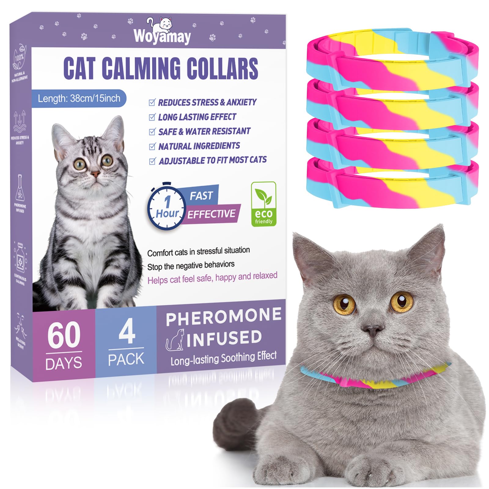 Woyamay 4 Pack Calming Collar for Cats, Adjustable Cat Calming Collar for Cat Anxiety Relief, Cat Pheromones Collar, Water-Resistant & Breakaway Calming Cat Collars, Long-Lasting 60 Days, Iridescent