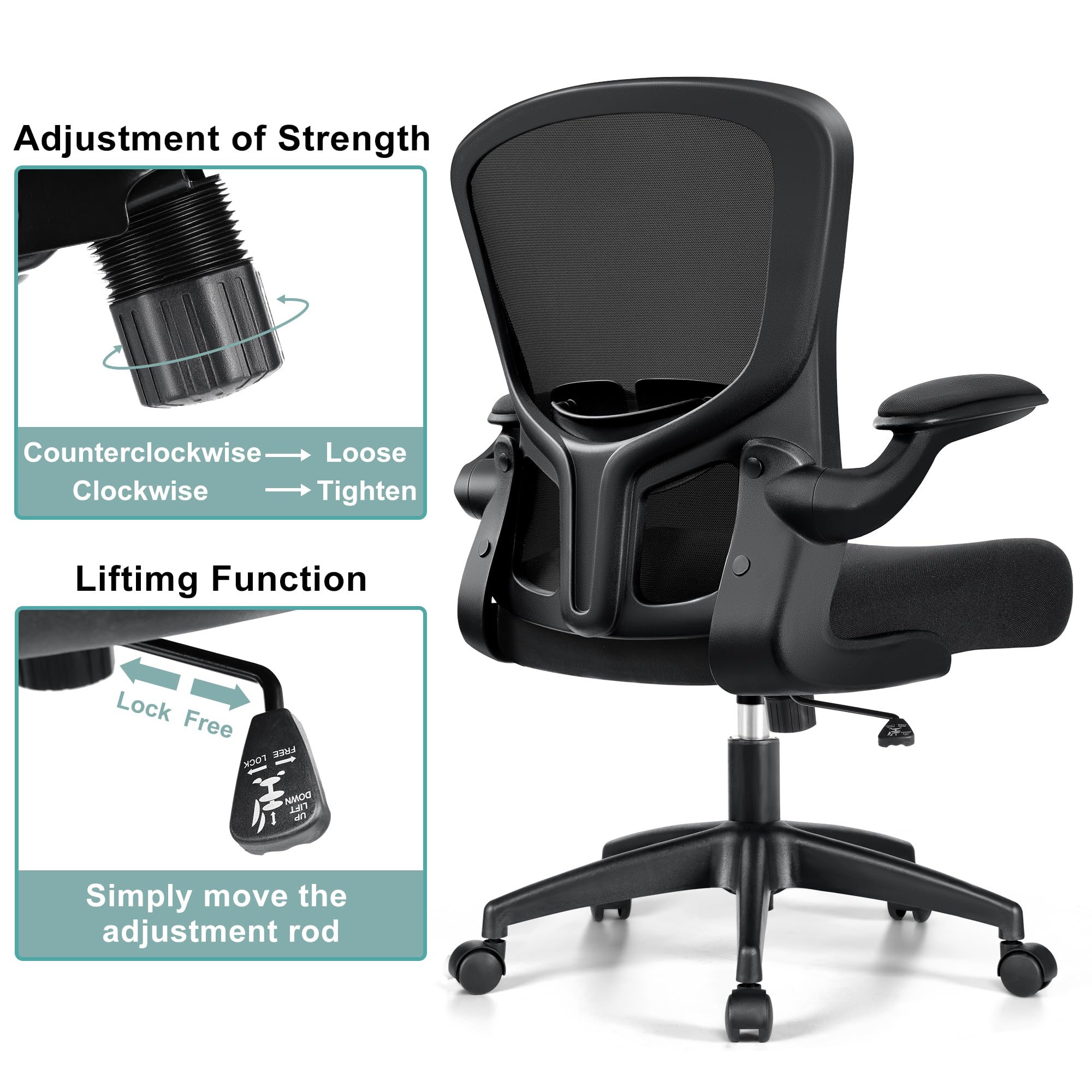 Brick Attic Office Chair, Ergonomic Desk Chair with Lumbar Support and Flip-up Armrest, Height Adjustable Mesh Swivel Computer Office Chair Black