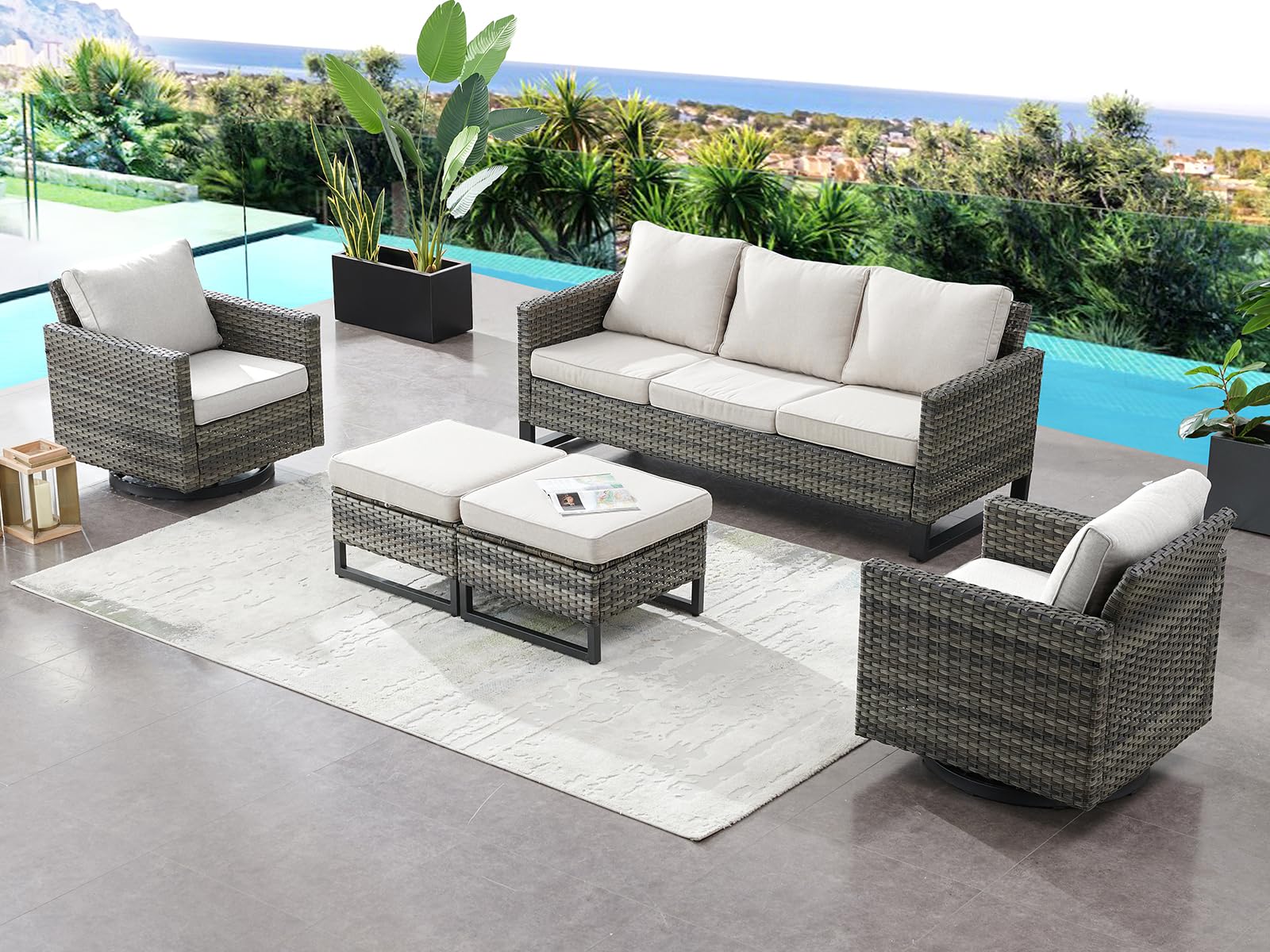 HUMMUH Patio Furniture Set 5 Piece Outdoor Sectional Sofa,PE Wicker Patio Swivel Rocker Chairs with Ottomans for Porch,Garden,Backyard