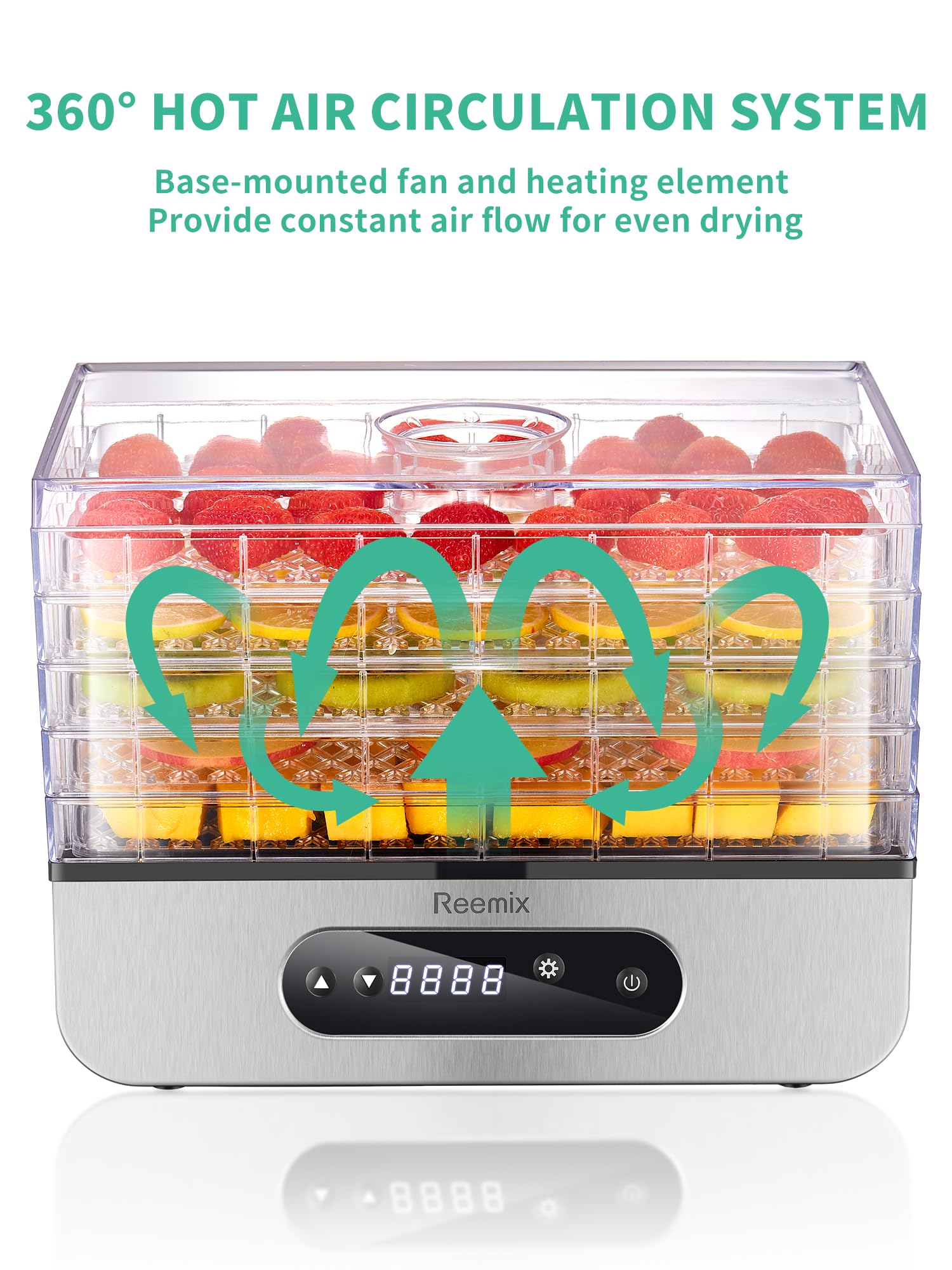 Reemix Food Dehydrator Machine, Compact Dehydrators for Food and Jerky, Fruits, Veggies, 500W Dehydrated Dryer with Temperature Control, 5 BPA-Free Trays Dishwasher Safe, Silver