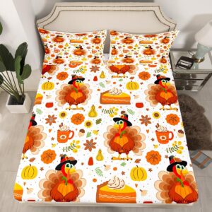 Fall Turkey Fitted Sheet for Girls Boys Kids Twin Size Happy Thanksgiving Autumn Harvest Bedding Set Room Decorative Maple Leaves Cake Bed Sheet Set Farmhouse Bed Cover Deep Pocket Bed Set