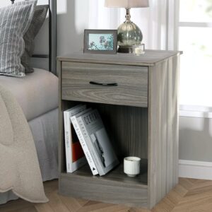 VOWNER 2 PCS Grey Nightstand with Drawer and Storage Shelf, Bedside Table End Tables, File Cabinet Storage with Sliding Drawers and Shelf for Bedroom