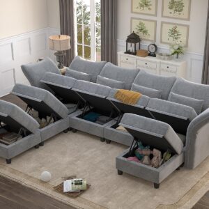 LLappuil Chenille Sectional Couch U Shaped 7 Seater Deep Modular Sectional Sofa with Storage and Adjustable Armrest Backrest, Large Sectional Sleeper Sofa Set, Grey