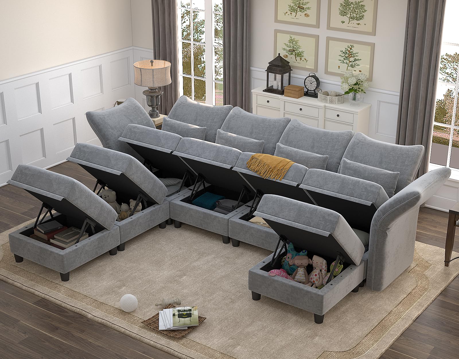 LLappuil Chenille Sectional Couch U Shaped 7 Seater Deep Modular Sectional Sofa with Storage and Adjustable Armrest Backrest, Large Sectional Sleeper Sofa Set, Grey