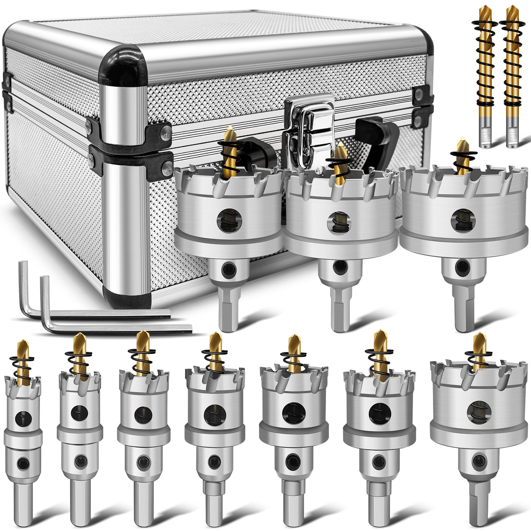 Zeliceka TCT 14 pcs Carbide Hole Saw Kit for Hard Metal, Heavy Duty Carbide Tungsten Carbide Tipped Hole Saw Set, with 1 Aluminum Box 2 Extra Pilot Drill Bits and 2 Hex Key