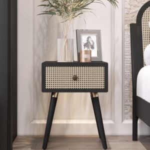 bme nipe black solid wood rattan nightstand fully assembled, woven cane end table, bedside table for modern bedroom, boho living room with long wood legs large storage 1-drawer